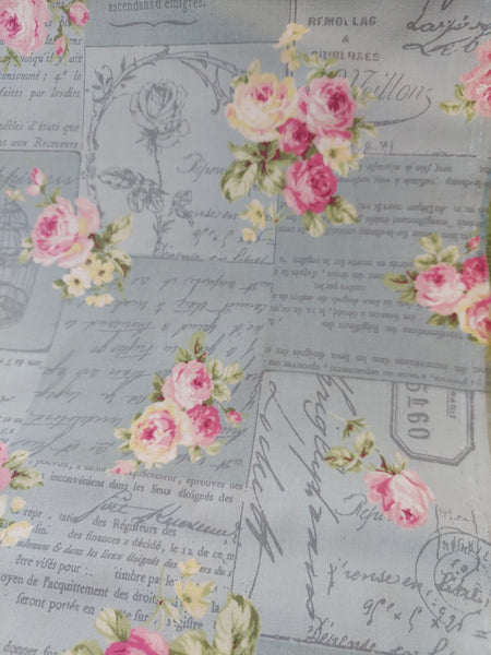 RuRu Bouquet cotton fabric by Quilt Gate Ru2420-12B Pink Roses and French Script on Blue