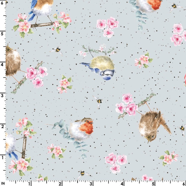 Bramble Patch Cotton Fabric by Maywood Studios 10104-B Bird Toss Blue