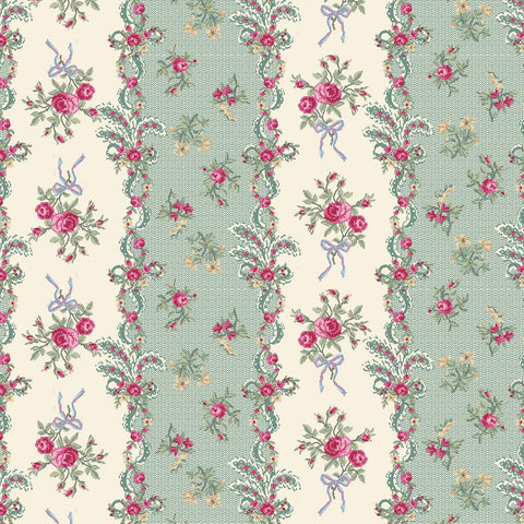 Ruru Rose Bouquet in Paris cotton fabric by Quilt Gate Ru2370-13D Green Stripes Pink